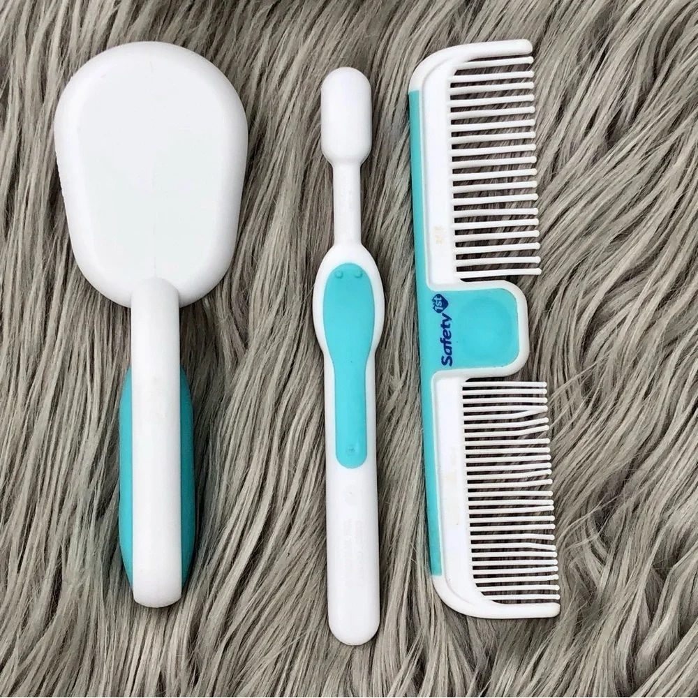 Safety 1st Soft Grip Brush, Comb, and Toothbrush Set for Baby in Turquoise Blue